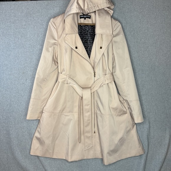 Karl Lagerfeld Paris Women's Trench Coat S Beige Belted Removable Hood - Picture 2 of 14